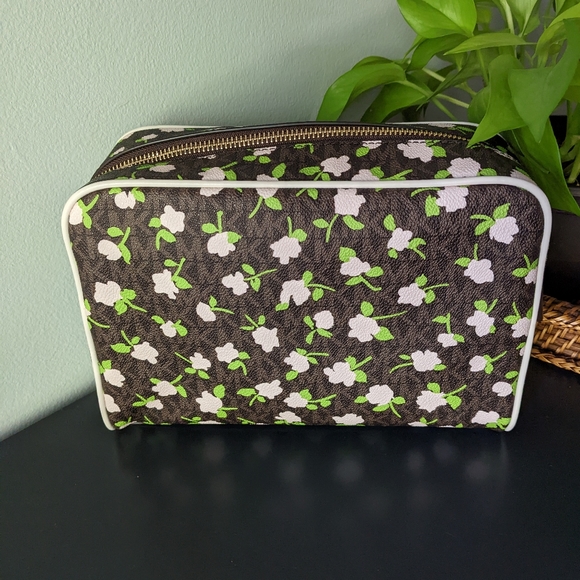 Michael Kors Jet Set Large Zip Travel Cosmetic Pouch Brown Pink Floral Print - Picture 4 of 13